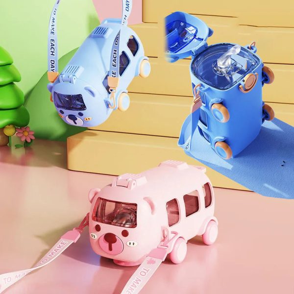500ML Bus Shape Cute Car Water Bottle with Movable Wheels for kids