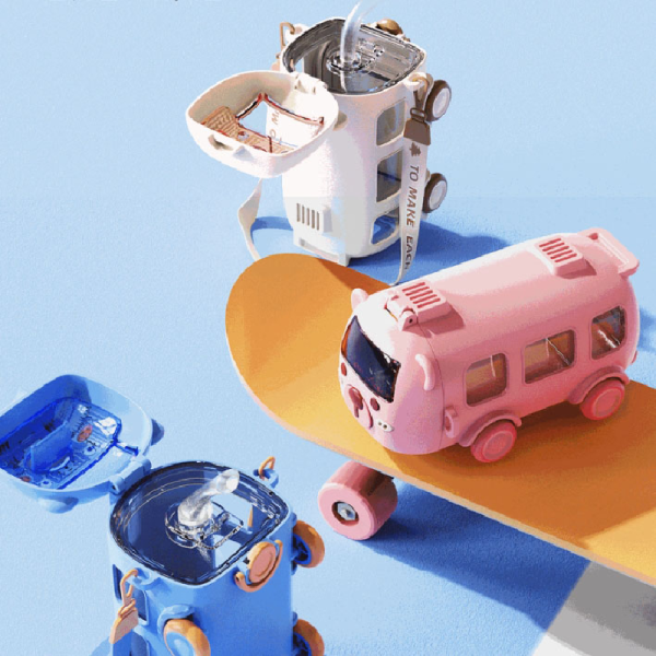 500ML Bus Shape Cute Car Water Bottle with Movable Wheels for kids